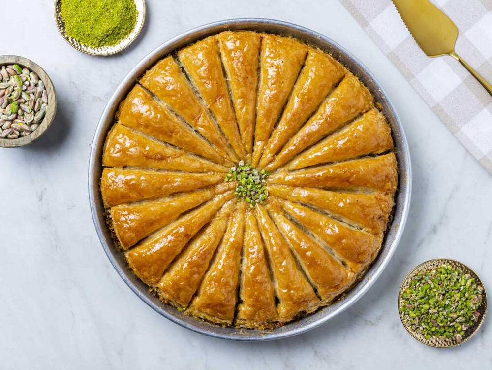 Carrot Slice Baklava with Pistachios on a tray - 